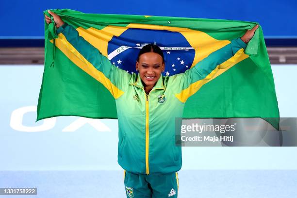 Rebeca Andrade of Team Brazil celebrates winning gold in the Women's Vault Final on day nine of the Tokyo 2020 Olympic Games at Ariake Gymnastics...