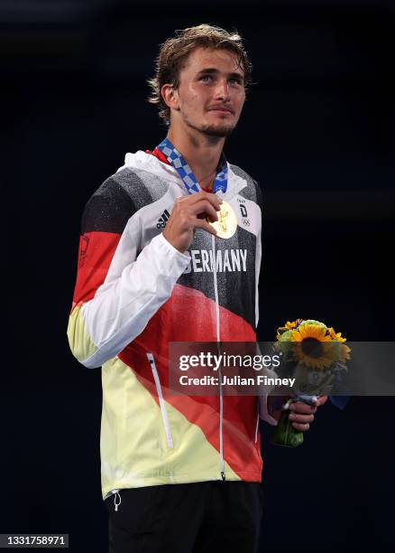 Gold medalist Alexander Zverev of Team Germany poses on the podium during the medal ceremony for Tennis Men's Singles on day nine of the Tokyo 2020...