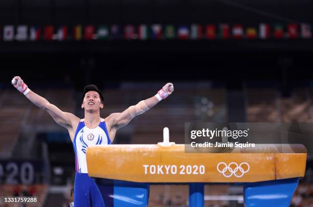Chih Kai Lee of Team Chinese Taipei celebrates following his performance in the Men's Pommel Horse Final on day nine of the Tokyo 2020 Olympic Games...