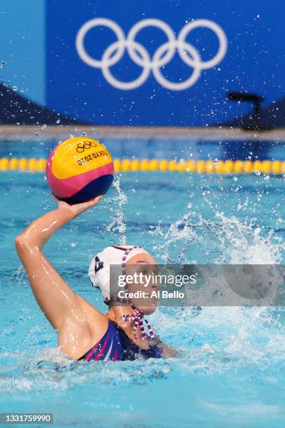 Elvina Karimova of Team ROC on attack during the Women's Preliminary Round Group B match between Team ROC and Japan at Tatsumi Water Polo Centre on...