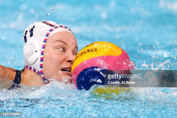 Evgeniya Ivanova of Team ROC on attack during the Women's Preliminary Round Group B match between Team ROC and Japan at Tatsumi Water Polo Centre on...