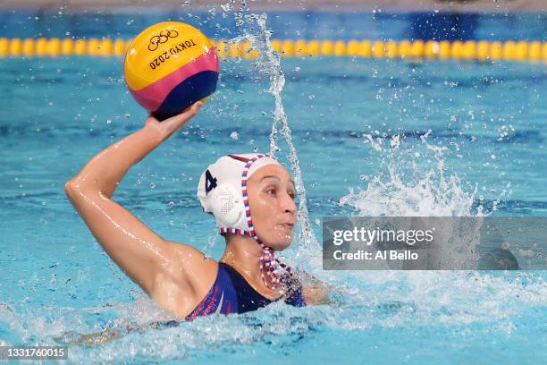 Elvina Karimova of Team ROC in action during the Women's Preliminary Round Group B match between Team ROC and Japan at Tatsumi Water Polo Centre on...