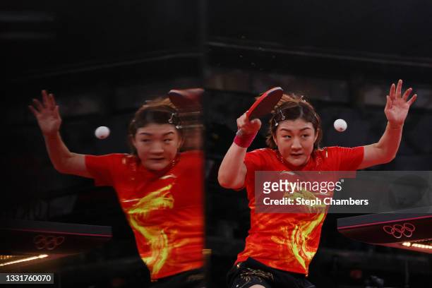 Chen Meng of Team China in action during her Women's Team Round of 16 table tennis match on day nine of the Tokyo 2020 Olympic Games at Tokyo...