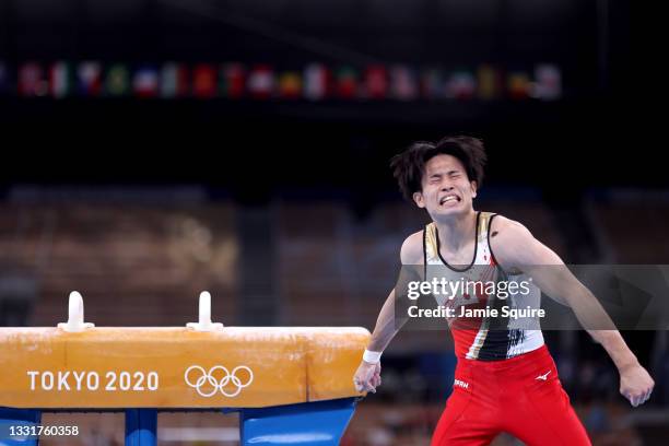 Kazuma Kaya of Team Japan celebrates following his performance in the Men's Pommel Horse Final on day nine of the Tokyo 2020 Olympic Games at Ariake...