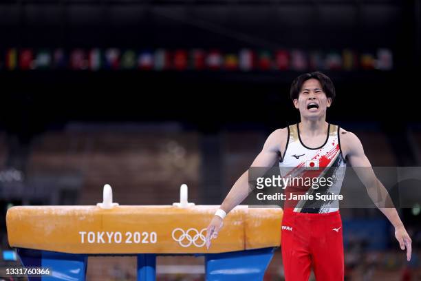Kazuma Kaya of Team Japan celebrates following his performance in the Men's Pommel Horse Final on day nine of the Tokyo 2020 Olympic Games at Ariake...
