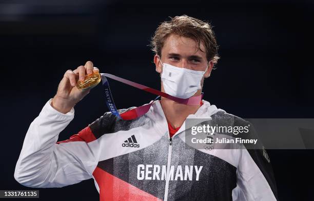 Gold medalist Alexander Zverev of Team Germany poses on the podium during the medal ceremony for Tennis Men's Singles on day nine of the Tokyo 2020...