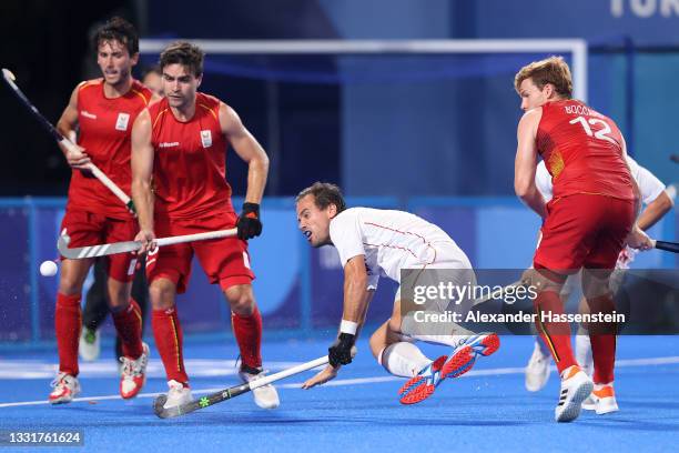 Alvaro Iglesias Marcos of Team Spain dives to shoot and misses during the Men's Quarterfinal match between Belgium and Spain on day nine of the Tokyo...