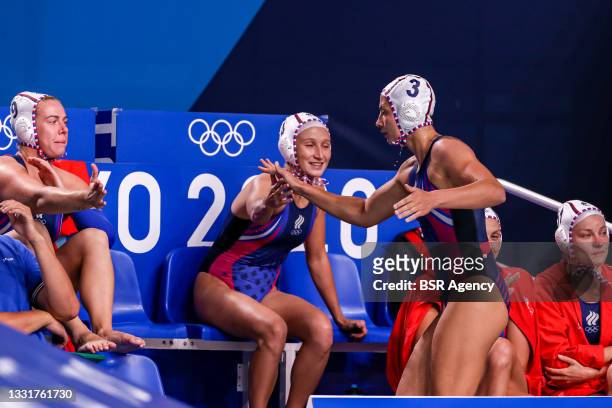 Anna Timofeeva of ROC, Elvina Karimova of ROC, Ekaterina Prokofyeva of ROC, Evgeniya Ivanova of ROC during the Tokyo 2020 Olympic Waterpolo...