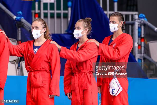 Team ROC with Ekaterina Prokofyeva of ROC during the Tokyo 2020 Olympic Waterpolo Tournament women match between Russia and Japan at Tatsumi...