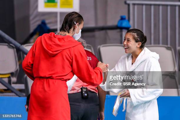Ekaterina Prokofyeva of ROC, Yuki Niizawa of Japan during the Tokyo 2020 Olympic Waterpolo Tournament women match between Russia and Japan at Tatsumi...