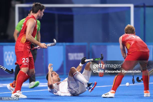 Alvaro Iglesias Marcos of Team Spain goes down during the Men's Quarterfinal match between Belgium and Spain on day nine of the Tokyo 2020 Olympic...