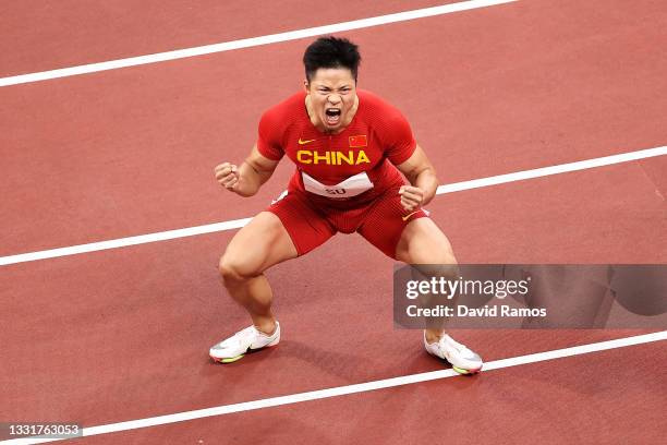 Bingtian Su of Team China celebrates after winning his Men's 100m Semi-Final on day nine of the Tokyo 2020 Olympic Games at Olympic Stadium on August...
