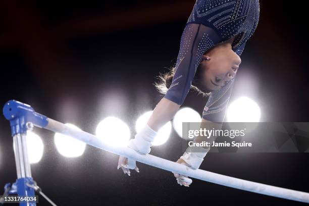 Sunisa Lee of Team United States competes in the Women's Uneven Bars Final on day nine of the Tokyo 2020 Olympic Games at Ariake Gymnastics Centre on...