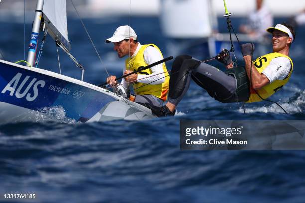 Mathew Belcher and Will Ryan of Team Australia compete in the Men's 470 class on day nine of the Tokyo 2020 Olympic Games at Enoshima Yacht Harbour...