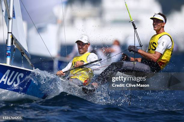 Mathew Belcher and Will Ryan of Team Australia compete in the Men's 470 class on day nine of the Tokyo 2020 Olympic Games at Enoshima Yacht Harbour...