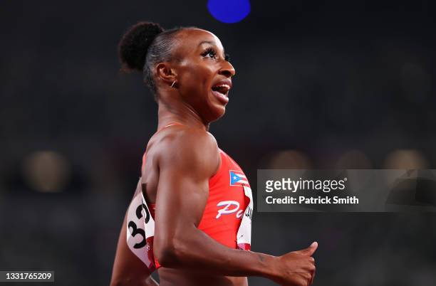 Jasmine Camacho-Quinn of Team Puerto Rico reacts after winning her Women's 100m Hurdles Semi-Final on day nine of the Tokyo 2020 Olympic Games at...