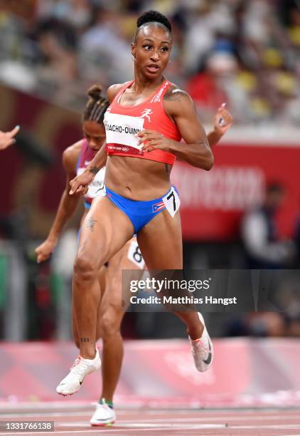 Jasmine Camacho-Quinn of Team Puerto Rico reacts after winning her Women's 100m Hurdles Semi-Final on day nine of the Tokyo 2020 Olympic Games at...