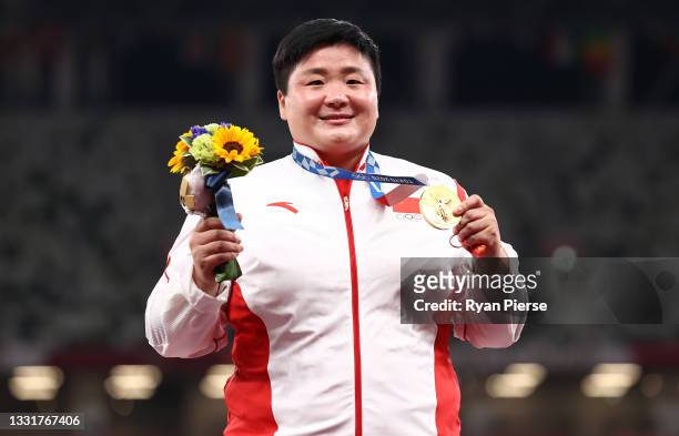 Lijiao Gong of Team China celebrates with the gold medal during the medal ceremony for the Women's Shot Put on day nine of the Tokyo 2020 Olympic...