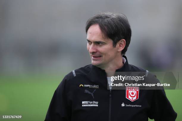 Florian Schnorrenberg, Head coach of Hallescher FC reacts prior to the 3. Liga match between Türkgücü München and Hallescher FC at Städtisches...