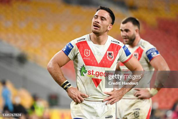 In this handout image provided by NRL Photos Corey Norman of the Dragons looks dejected after his team's defeat during the round 20 NRL match between...