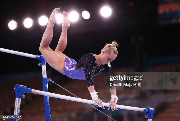 Angelina Melnikova of Team ROC competes in the Women's Uneven Bars Final on day nine of the Tokyo 2020 Olympic Games at Ariake Gymnastics Centre on...