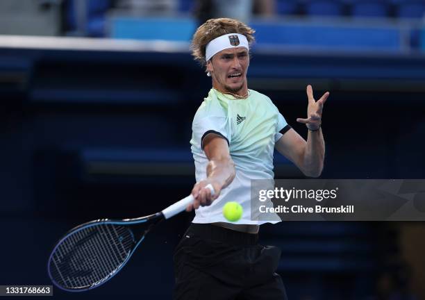 Alexander Zverev of Team Germany plays a forekhand during his Men's Singles Gold Medal match against Karen Khachanov of Team ROC on day nine of the...