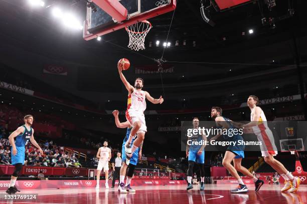 Sergio Llull of Team Spain goes up for a layup against Team Slovenia during the second half of a Men's Basketball Preliminary Round Group C game at...