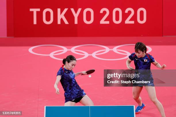 Kasumi Ishikawa and Miu Hirano of Team Japan in action during her Women's Team Round of 16 table tennis match on day nine of the Tokyo 2020 Olympic...