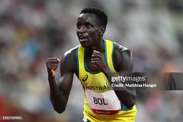 Peter Bol of Team Australia reacts after competing in the Men's 800 metres Semi-Final on day nine of the Tokyo 2020 Olympic Games at Olympic Stadium...