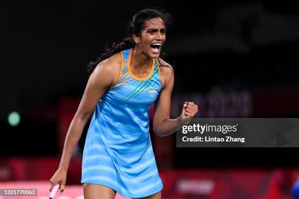 Pusarla V. Sindhu of Team India reacts as she competes against He Bing Jiao of Team China during the Women’s Singles Bronze Medal match on day nine...