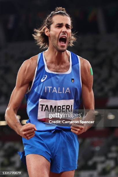 Gianmarco Tamberi of Team Italy reacts during the Men's High Jump Final on day nine of the Tokyo 2020 Olympic Games at Olympic Stadium on August 01,...