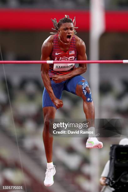 Juvaughn Harrison of Team United States reacts during the Men's High Jump Final on day nine of the Tokyo 2020 Olympic Games at Olympic Stadium on...