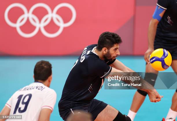 Milad Ebadipour Ghara of Team Iran competes against Team Japan during the Men's Preliminary Round - Pool A volleyball on day nine of the Tokyo 2020...