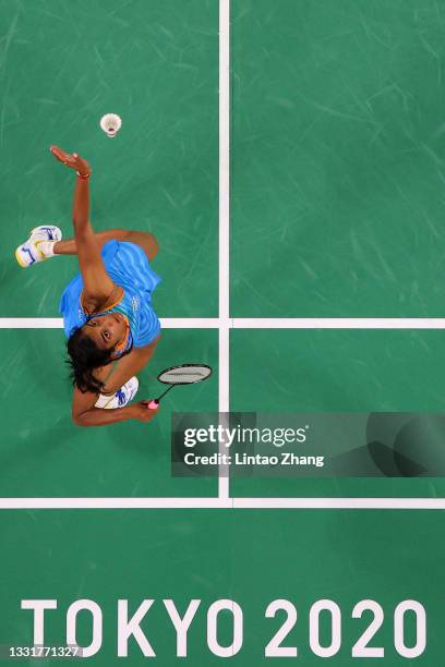 Pusarla V. Sindhu of Team India competes against He Bing Jiao of Team China during the Women’s Singles Bronze Medal match on day nine of the Tokyo...