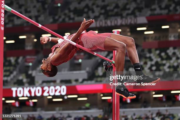 Mutaz Essa Barshim of Team Qatar competes in the Men's High Jump Final on day nine of the Tokyo 2020 Olympic Games at Olympic Stadium on August 01,...