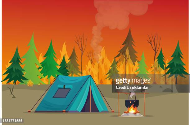 stockillustraties, clipart, cartoons en iconen met vector illustration of camping, making fire, and unauthorized barbecue in nature. flat vector illustration of dangerous forest fires in mountain area. fire flame and burning trees concept. - bosbrand