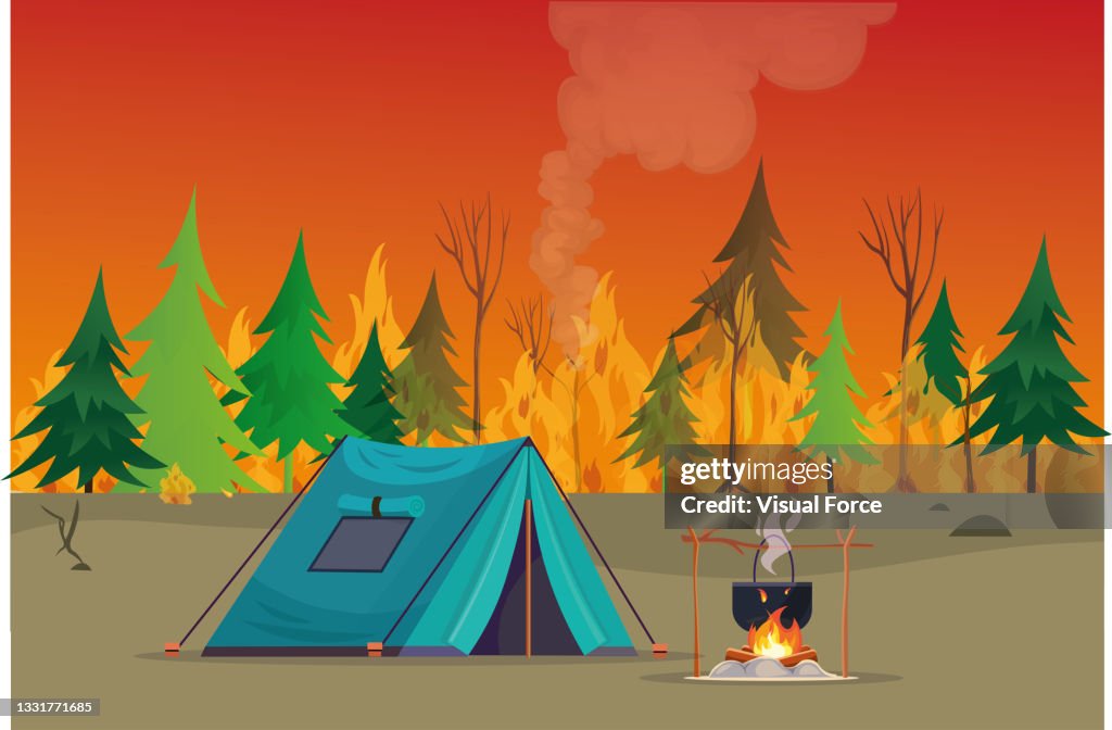 Vector illustration of camping, making fire, and unauthorized barbecue in nature. Flat vector illustration of dangerous forest fires in mountain area. Fire flame and burning trees concept.