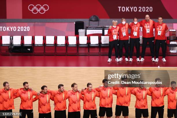 Team ahead of the Men's Preliminary Round Group A handball match between Germany and Brazil on day nine of the Tokyo 2020 Olympic Games at Yoyogi...