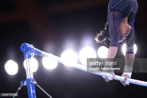 Sunisa Lee of Team United States competes in the Women's Uneven Bars Final on day nine of the Tokyo 2020 Olympic Games at Ariake Gymnastics Centre on...