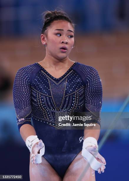 Sunisa Lee of Team United States competes in the Women's Uneven Bars Final on day nine of the Tokyo 2020 Olympic Games at Ariake Gymnastics Centre on...