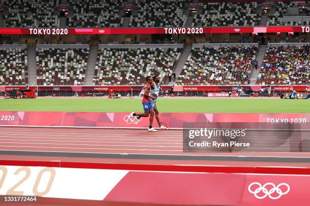 Isaiah Jewett of Team United States and Nijel Amos of Team Botswana compete in the Men's 800m Semi-Final on day nine of the Tokyo 2020 Olympic Games...