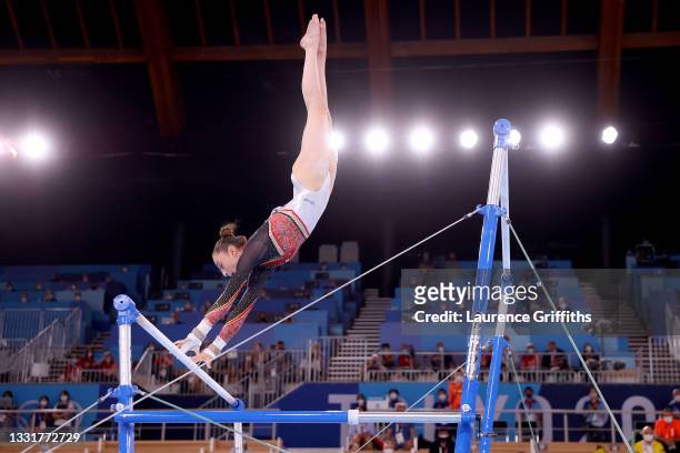 Nina Derwael of Team Belgium competes in the Women's Uneven Bars Final on day nine of the Tokyo 2020 Olympic Games at Ariake Gymnastics Centre on...