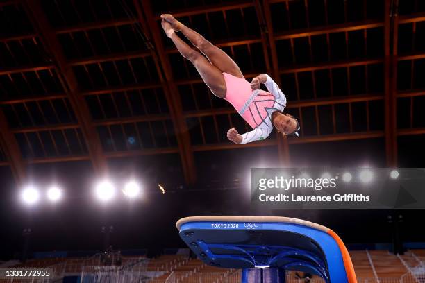 Rebeca Andrade of Team Brazil competes in the Women's Vault Final on day nine of the Tokyo 2020 Olympic Games at Ariake Gymnastics Centre on August...