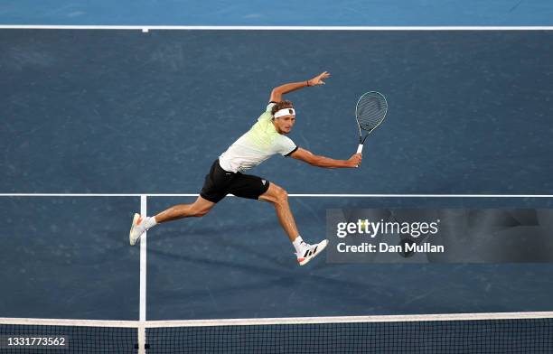 Alexander Zverev of Team Germany plays a backhand during his Men's Singles Gold Medal match against Karen Khachanov of Team ROC on day nine of the...