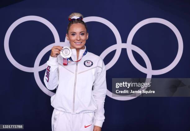 Mykayla Skinner of Team United States poses with the silver medal following the Women's Vault Final on day nine of the Tokyo 2020 Olympic Games at...