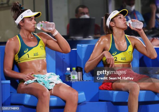 Mariafe Artacho del Solar and Taliqua Clancy of Team Australia take a drink during a break against Team China during the Women's Round of 16 beach...