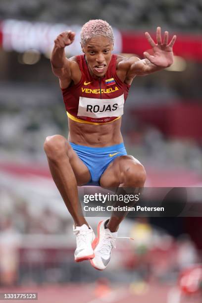 Yulimar Rojas of Team Venezuela reacts after an attempt in the Women's Triple Jump Final on day nine of the Tokyo 2020 Olympic Games at Olympic...