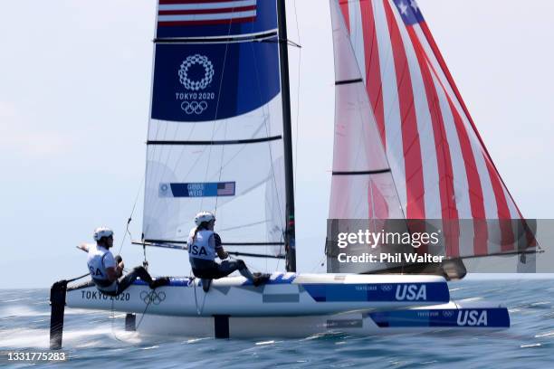 Riley Gibbs and Anna Weis of Team United States compete in the Nacra 17 Foiling class on day nine of the Tokyo 2020 Olympic Games at Enoshima Yacht...