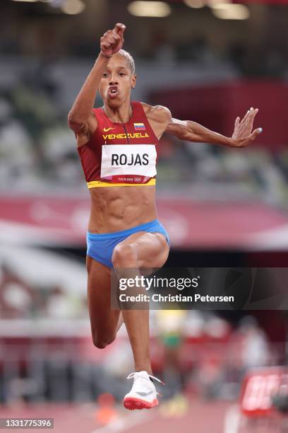 Yulimar Rojas of Team Venezuela competes in the Women's Triple Jump Final on day nine of the Tokyo 2020 Olympic Games at Olympic Stadium on August...