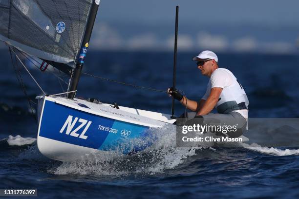 Josh Junior of Team New Zealand competes in the Men's Finn class on day nine of the Tokyo 2020 Olympic Games at Enoshima Yacht Harbour on August 01,...